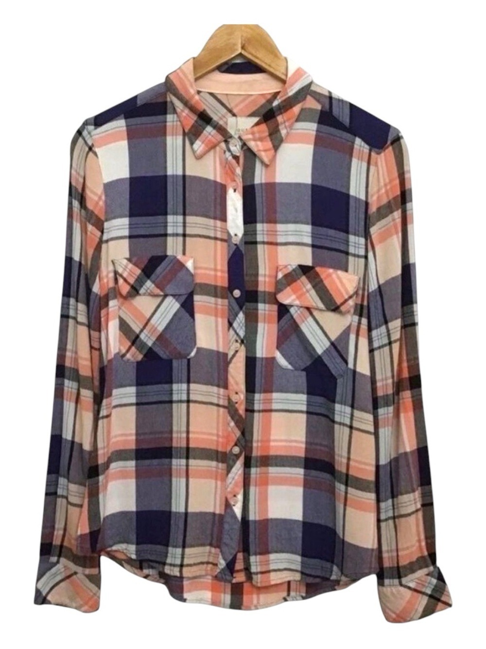 GUESS Plaid Button Down Shirt Women’s Small Ecru Pink Blue Peach Rayon Blend